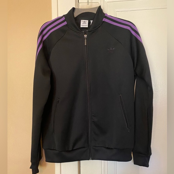 Black Adidas Track Jacket with purple stripes. Adult medium. EUC. - Picture 4 of 4